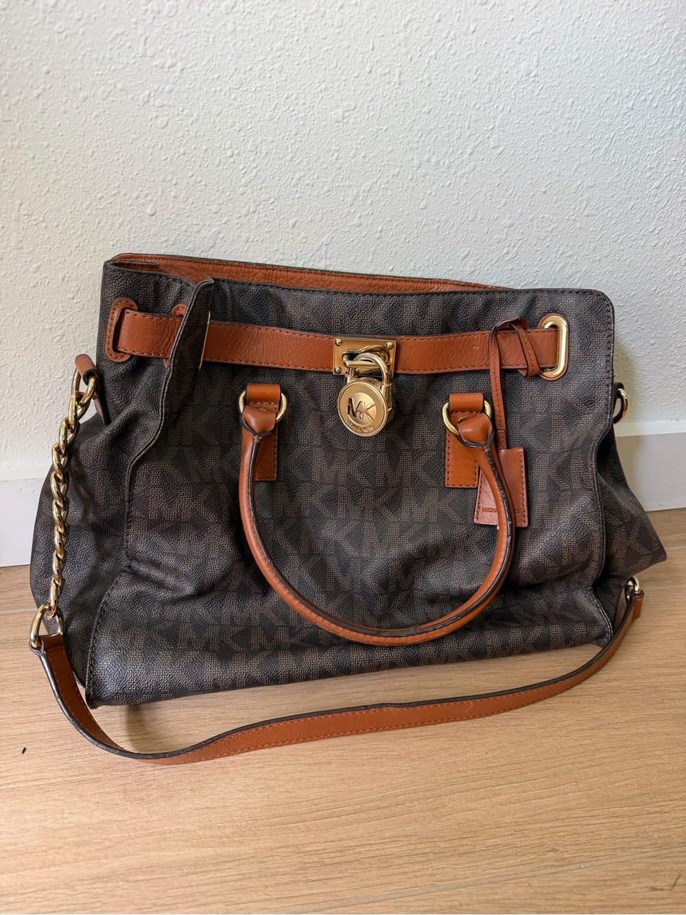 Michael Kors Brown Monogram Tote with Tan Leather Trim and Gold Hardware